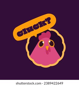 Vector illustration of a surprised cute pink chicken head. Speaking bird character design in flat hand-drawn style. Cute hen with speech bubble and word Cluck as a sticker.