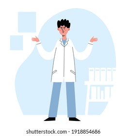 Vector illustration of surprised european doctor holding up finger in medical office. Medical worker concept used for poster, hospital website, magazine.