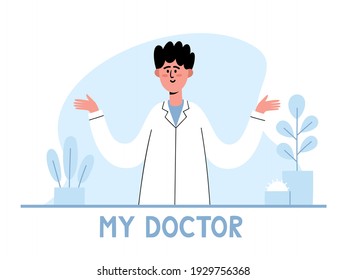 Vector illustration of surprised family doctor on interior background with plant and shelves with books. Medical worker concept used for poster, hospital website, magazine.