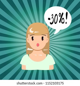 Vector illustration, surprised flat girl announcing 30% discount. With a speech bubble.