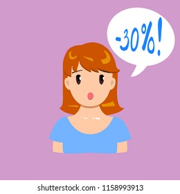 Vector illustration, surprised flat girl announcing 30% discount. With a speech bubble.