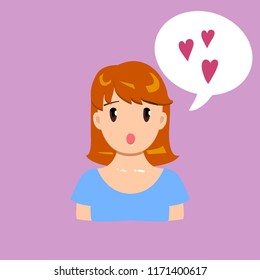 Vector illustration, surprised flat girl feeling love. With a speech bubble.