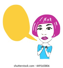 vector  illustration - surprised girl with speech bubble. Pink bob hair girl with facial expression of shock, surprise.