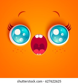 Vector illustration of a surprised orange face. Kawaii face with eyes and freckles. Astonishment.