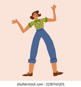 Vector illustration with surprised woman in trendy style. Woman lifestyle illustration. Woman in jeans and tshirt surpriced and worried.