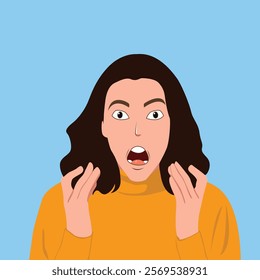 Vector illustration of a surprised woman in a yellow sweater showing a surprised emotion on her face with her hands raised. The character shows surprise, worry, or an unexpected reaction.