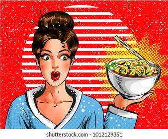 Vector illustration of surprised young woman holding bowl with pasta. Pin-up girl portrait holding spaghetti with sauce in retro pop art comic style.