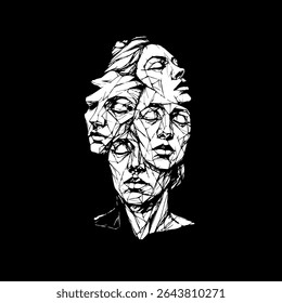 Vector illustration of a surreal abstract human face composed of overlapping facial expressions. The sketch-style line art represents emotional complexity, psychological conflict, and inner identity.