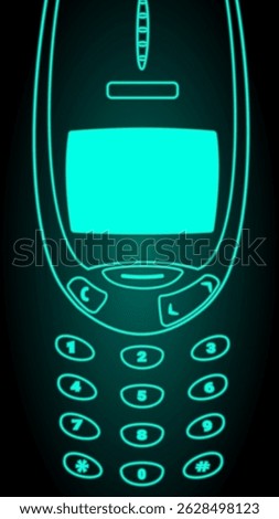 Vector illustration. Surreal art design. Glowing retro mobile with circular screen and keypad in neon cyan. Concept of e2k tech, digital nostalgia, obsolete communication, retro futurism.
