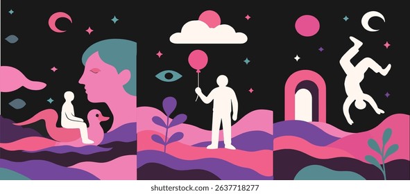 Vector illustration of a surreal dream landscape featuring people, symbols, and abstract elements in a colorful fantasy world. Great for storytelling, posters, and creative projects.