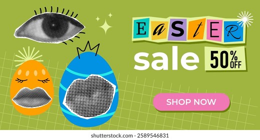 Vector illustration of a surreal Easter sale banner with decorated eggs, pop-art elements, and bold typography. A modern and creative design, perfect for festive promotions and ads.