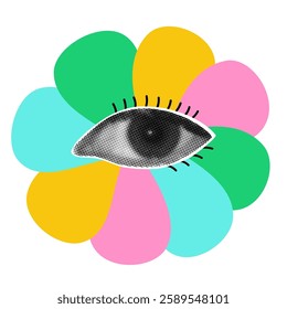 Vector illustration of a surreal eye within a colorful flower, symbolizing vision, creativity, and mindfulness. Halftone pop-art style, perfect for branding, psychology. Halftone effect