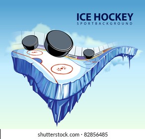 Vector illustration of surreal hockey rink hovering in the sky. Layered EPS 10.