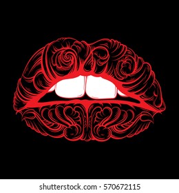 Vector illustration of surreal lips made in hand drawn style. Tattoo art. Creative fairy artwork with elements of baroque. Template for card poster banner print for t-shirt.