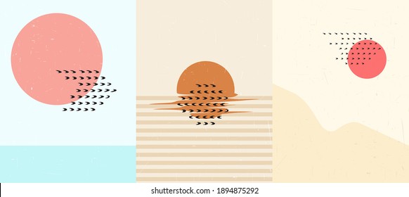 Vector illustration. Surreal sun and birds. Mid century modern graphic. Grunge texture. Minimalist landscape set. Abstract shapes. Design elements for poster, book cover, brochure, magazine, gift card