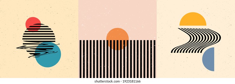 Vector illustration. Surreal sun scene collection. Mid century modern graphic. Minimalist landscape set. Abstract shapes and lines. Design elements for social media template, blog post, square banner