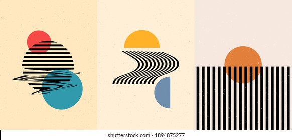 Vector illustration. Surreal sun scenes. Mid century modern graphic. Minimalist landscape set. Abstract shapes and lines. Design elements for poster, book cover, brochure, magazine, gift card