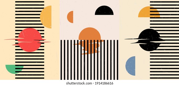 Vector illustration. Surreal sun scenes. Mid century modern graphic. Minimalist landscape set. Abstract shapes and lines. Design elements for poster, book cover, brochure, magazine, gift card