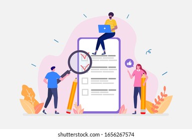 Vector Illustration, Survey Concept, Showing people with quality test and satisfaction report, Suitable for landing page, UI, web, App intro card, editorial, flyer,and banner