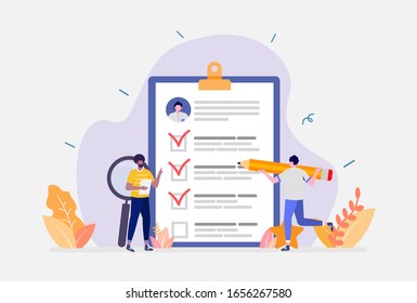 Vector Illustration, Survey Concept, Showing people with quality test and satisfaction report, Suitable for landing page, UI, web, App intro card, editorial, flyer,and banner