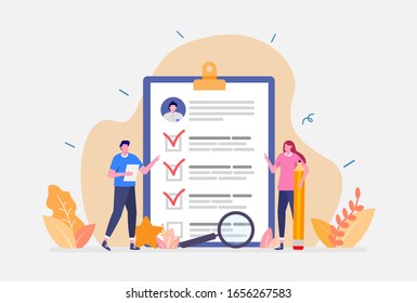 Ilustración vectorial, Concepto de encuesta, Mostrar personas con informes de satisfacción y prueba de calidad, Apto para página de inicio, UI, web, tarjeta de introducción de aplicaciones, editorial, volante y banner