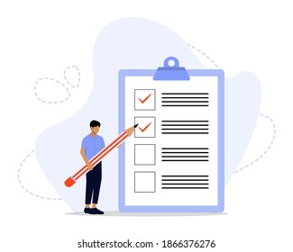 Vector Illustration, Survey Concept, Showing people with quality test and satisfaction report, Suitable for landing page, UI, web, App intro card, editorial, flyer,and banner
