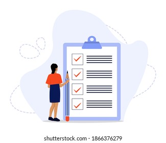 Vector Illustration, Survey Concept, Showing people with quality test and satisfaction report, Suitable for landing page, UI, web, App intro card, editorial, flyer,and banner
