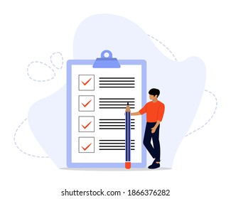 Vector Illustration, Survey Concept, Showing people with quality test and satisfaction report, Suitable for landing page, UI, web, App intro card, editorial, flyer,and banner
