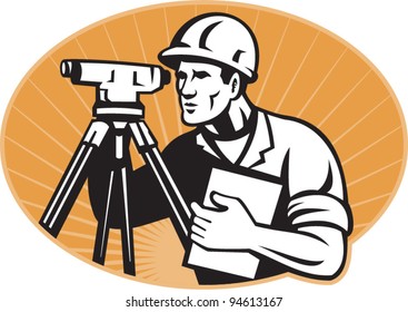 vector Illustration of surveyor civil geodetic engineer worker with theodolite total station equipment set inside ellipse with sunburst done in retro woodcut style,