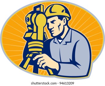 vector Illustration of surveyor civil geodetic engineer worker with theodolite total station equipment set inside ellipse with sunburst done in retro woodcut style,