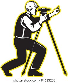 vector Illustration of surveyor civil geodetic engineer worker with theodolite total station equipment done in retro woodcut style.