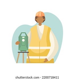 Vector illustration of a surveyor in uniform with a theodolite on a tripod. Professions.