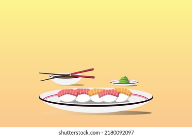 Vector illustration of sushi. Asian food sushi on plate with chopsticks and wasabi. Sushi illustration with trout fish, salmon in trendy style.
