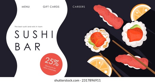 Vector illustration. Sushi bar, advertising, banner, website design, landing page. Sushi, rolls, restaurant, cafe, Japanese food.