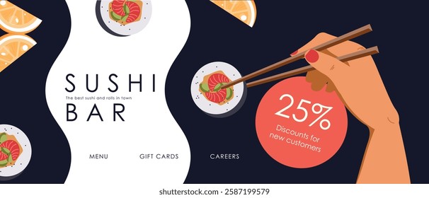 Vector illustration. Sushi bar, banner, background, postcard, cover. Food, rolls, sushi. Hand holds rolls.