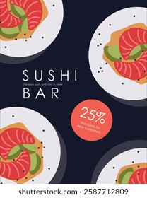 Vector illustration. Sushi bar banner, poster, cover. Modern design. Kitchen, products, food.