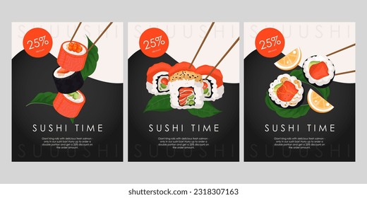 Vector illustration. Sushi bar flyer design, sushi packaging, rolls, advertising sushi bar, restaurant. Japanese cuisine banner.