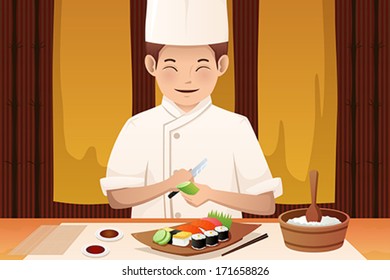 A vector illustration of sushi chef working in a restaurant