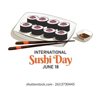 Vector illustration, sushi and chopsticks, as banner, poster or template, international sushi day.	
