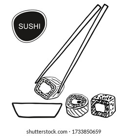 Vector illustration of sushi. Eating sushi. Chinese chopsticks. Japanese food. Doodle food. 