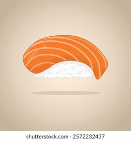 A vector illustration of sushi featuring a perfectly shaped ball of rice topped with fresh, glossy salmon slices. The design is creating an appetizing depiction of Japanese cuisine.