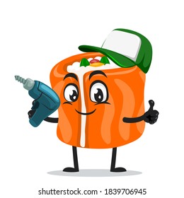 vector illustration of sushi mascot or character holding hand drill