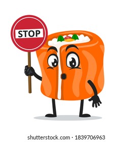 Vektorgrafik von Sushi-Maskottchen oder Zeichen, die das Zeichen für die Haltbarkeit tragen