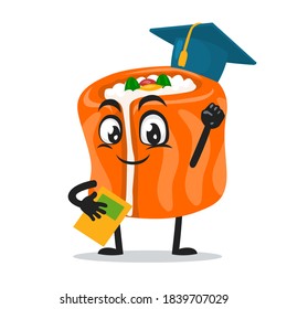 vector illustration of sushi mascot or character graduation hat and holding book