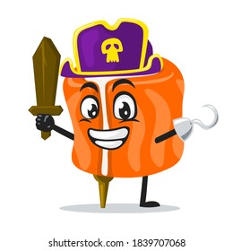 ilustración vectorial de la mascota o personaje de sushi usando disfraces de piratas y sosteniendo una espada de madera