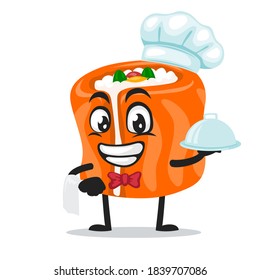 ilustración vectorial de la mascota de sushi o del personaje que lleva sombrero de chef y sirve comida