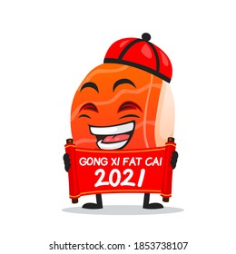 vector illustration of sushi mascot or character holding red scroll and says happy chinese new year 2021