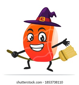 vector illustration of sushi mascot or character wearing witch costume and ride flying broom