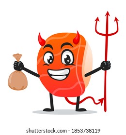 vector illustration of sushi mascot or character Wearing devil costume and holding trident