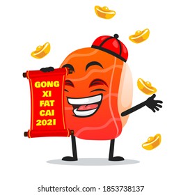 vector illustration of sushi mascot or character holding red scroll and says happy chinese new year 2021